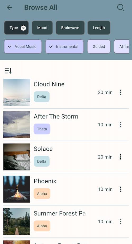 Screenshot of the Restful app with the Vocal music & Instrumental filters applied